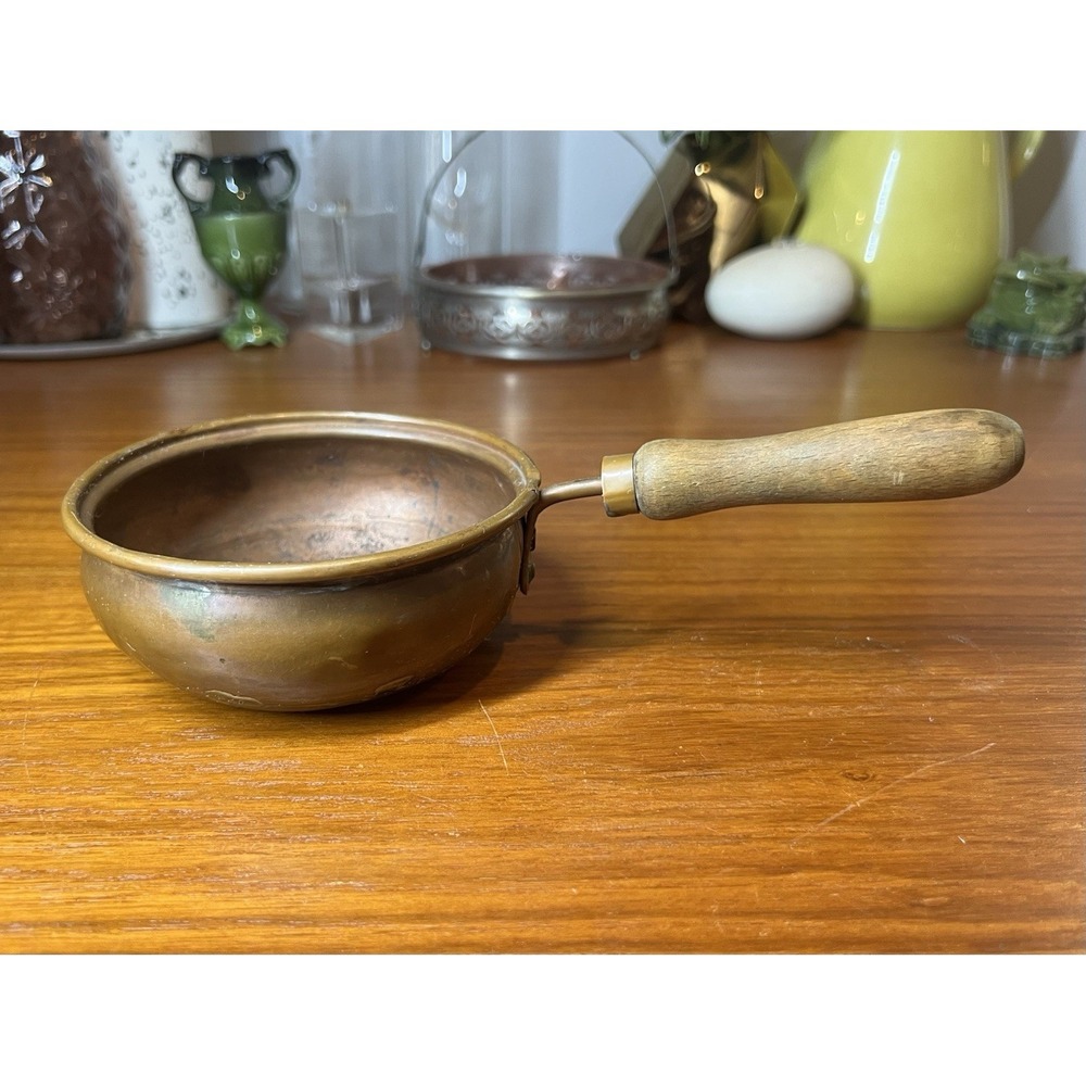 Vintage Copper Saucepan 1 Pt 5in Round w/ Long Wood Handle Made in Holland 1950s